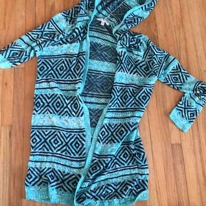 Hooded teal, white and blue cardigan